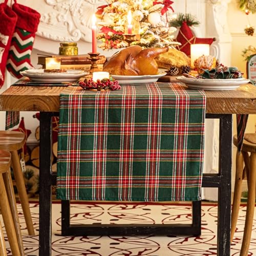 AQOTHES Red Green Plaid Christmas Table Runner 72 inches Long Table Decor