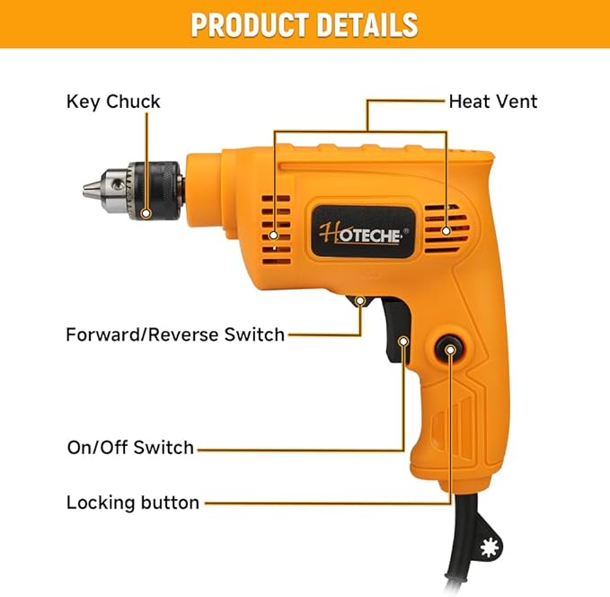 Taladro Eléctrico Hoteche 350W 6.5mm 0-4500rpm miniatura 3