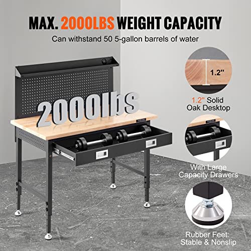 VEVOR Workbench Adjustable Height 28-39.5" Work Bench for Garage Oak Plank & Carbon Steel Heavy Duty Workbench 2000lbs Weight Capacity Bench top Size 48x24" Hardwood Workbench 3m Cable 30 Hooks