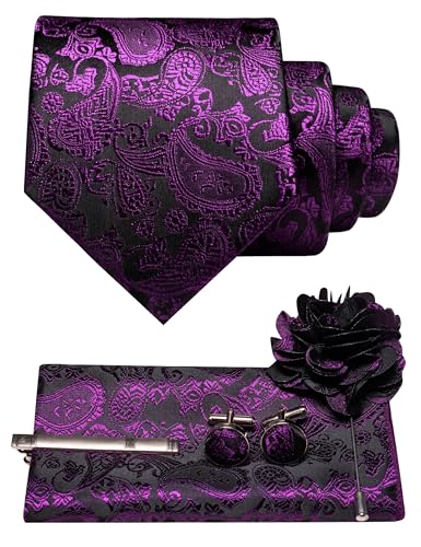 JEMYGINS Herren Paisley Krawatte mit Einstecktuch Krawattenklammer Blumenbrosche und Manschettenknöpfen Set Lila