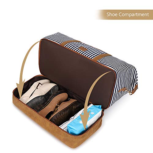 Plambag Canvas Duffel Weekender Bag with Shoe Compartment 42L Overnight Travel Tote Bag(Blue Stripe)