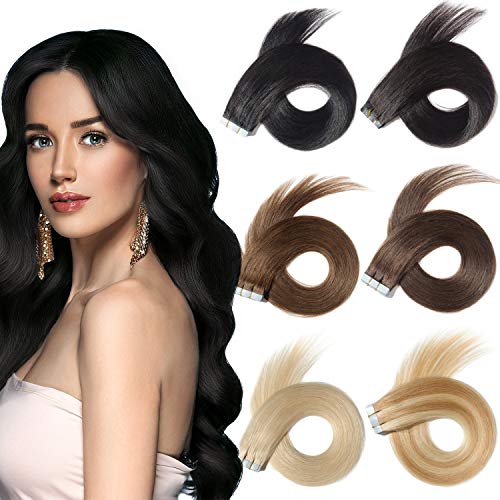 HAIRREAL Tape in Hair Extensions Remy Human Hair Seamless Skin Weft Straight Hair 50g/Pack 20 Inch 20Pcs Hairpiece 2# Dark Brown