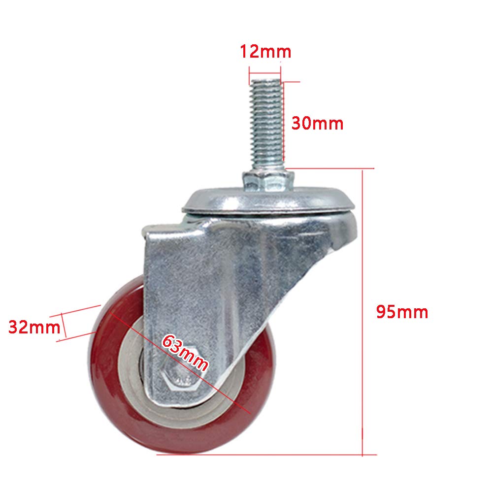 4 x kółka PU do dużych obciążeń, 63 mm, gwint M12, nośność 300 kg, wychylne, ciche, z hamulcem, do mebli, krzeseł biurowych, wyposażenia szpitala i rusztowań