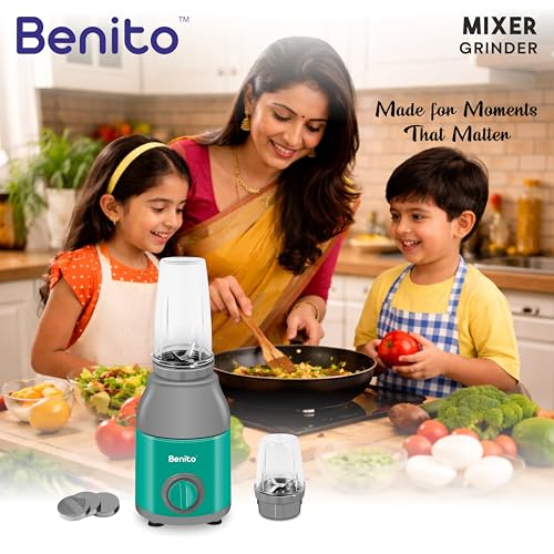 Image of Benito PRESSIO Nutri Mixer Grinder 550 watt with 2 Jars | Durable Shockproof ABS Body | Powerful Motor with Advanced Grinding Technology | Elegant Green & Gray Finish come with 1-Year Warranty