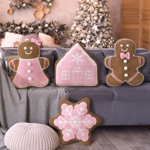 Image of HunnmingRe 4 Pcs Christmas Throw Pillows Fall Football Plush Pillows Winter Holiday Cushion Soft Decorative Cushions for Couch Bedroom Living Room Thanksgiving Xmas Decor(Pink,Gingerbread)