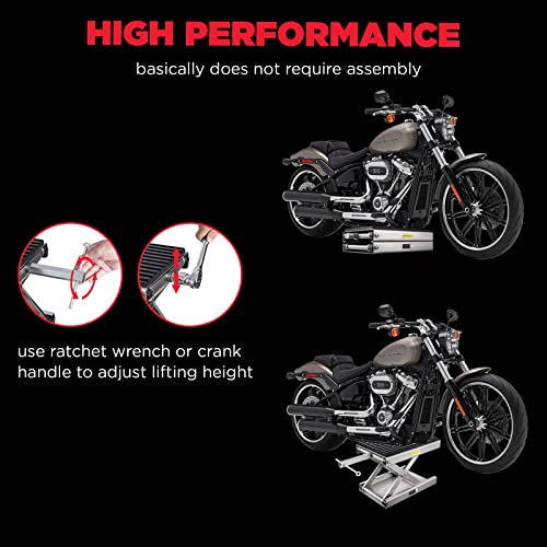 CXRCY 1200 LBS Motorcycle Lift Scissor Jack Stainless Steel Finish Upgraded Dirt Bike ATV Steel Motorcycle Hoist Stand with Ratchet Wrench,Crank Handle,Thickened Rubber Pad,Wide Deck