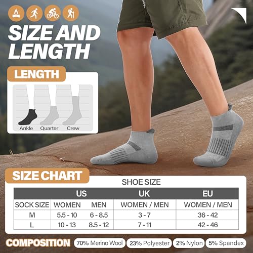 Image of 6 Pairs Merino Wool Ankle Running Hiking Socks Compression Support Breathable Thick Cushion No Show Socks for Women Men