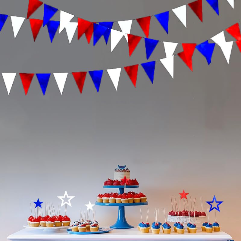 Image of Patriotic Hanging Triangle Flag Pennant Garland Red White and Blue Hanging Paper Pennant Streamer for 4th of July, Independence Day, Memorial Day, Veterans Day, Labor Day Decorations 30 Feet