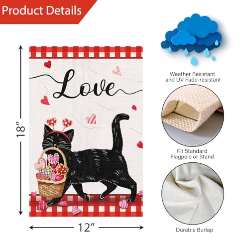 Louise Maelys Valentines Day Garden Flag 12x18 Double Sided, Small Burlap Welcome Black Cat Spring Love Heart for Yard Anniversary Wedding House Outdoor Decor