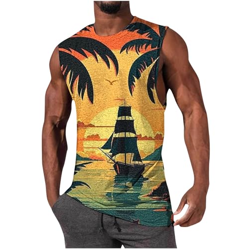 Dmmtot Camiseta sin mangas para hombre, diseño hawaiano colorido con estampado de coco, camiseta sin mangas para playa, ajuste delgado, transpirable, ligera, camiseta básica de verano de primera