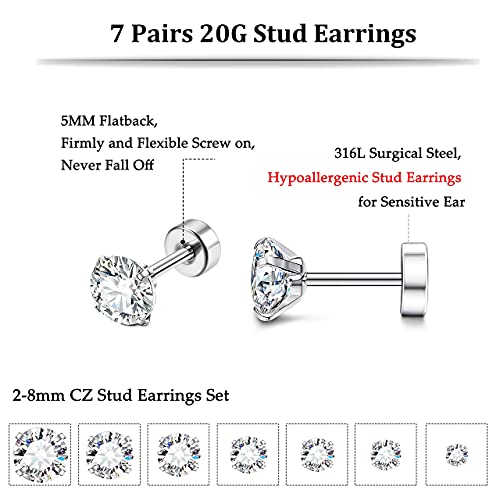 Fansilver 7Pairs 20G Hypoallergenic Stud Earrings For Women Men Stud Flatback Ear Piercing Cubic Zirconia 2-8Mm #TOP4