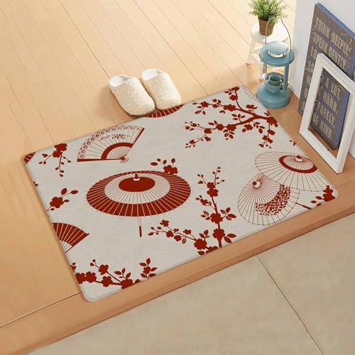 Yubilinco キッチンマット 和風 桜 赤色 花 傘 ベージュバック マット 合皮 踏み心地いい 撥水 直接拭ける 滑り止め付 保温 キッチン 台所 リビングルーム 部屋 玄関マット お手入れ簡単 直角長方形 丈夫 45×150cm