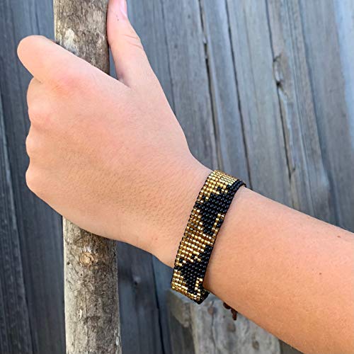 Mayan Arts Handmade Bracelet, Stacking Bracelets, Beaded, Gold With Black Horses, Casual Wear, Leather, Shabby Chic, Boho Look, Aztec Tribal #TOP3