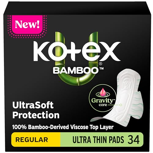 Kotex Bamboo Ultra Thin Pads with Wings Regular Absorbency 34 Count (Packaging May Vary)