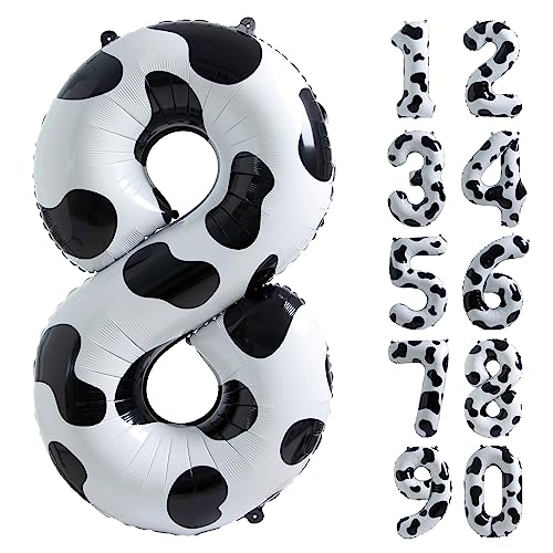 Image of Cow Print Number 8 Balloon, Large 40 Inch Cow Number Birthday Balloons | Helium Foil Mylar Balloon Cow Themed Birthday Party Decorations | Farm Barn Decor for kids,Girl,Boy