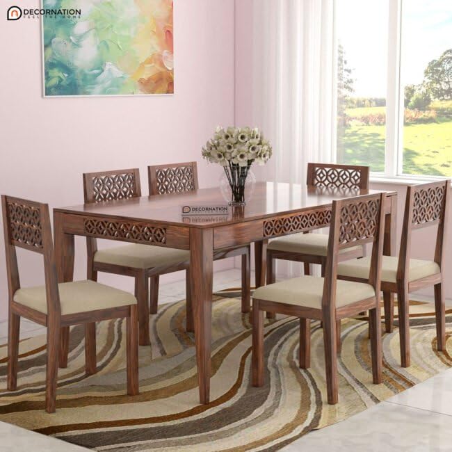Image of DecorNation Beringen Solid Wooden 6 Seater Dining Table Set with Chairs | Cushioned Seating with Jute Fabric | Modern Dining Table Furniture for Home & Dining Room