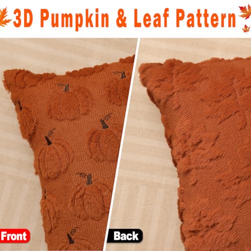 Pumpkin Fall Decorative Throw Pillow Covers 20"x20", Set of 2 Rust Red Soft Faux Fur Pillow Covers for Autumn Harvest, Fluffy Plush Accent Pillow Cases for Farmhouse Couch Cushion Covers
