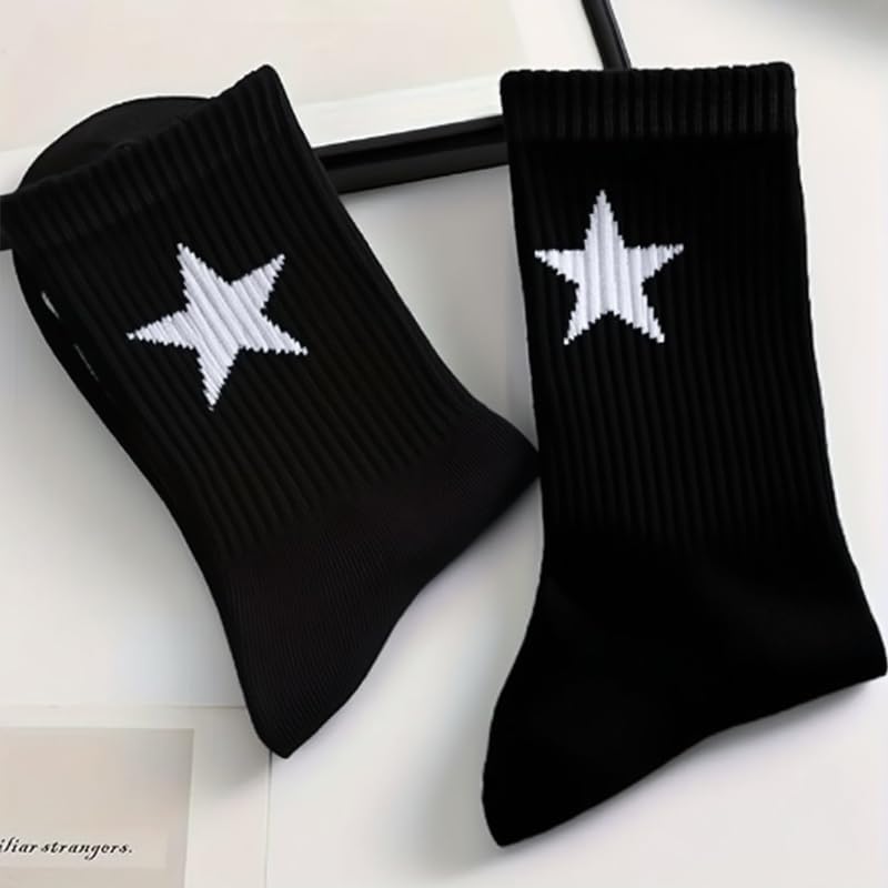 2 Pairs Men's And Women's Star Pattern Crew Socks, Breathable Blend, Mid-Calf Basketball Socks With Geometric Design2