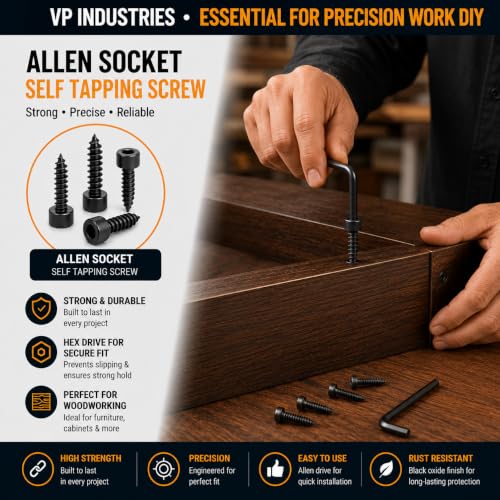 Image of By inchVP INDUSTRIES inch (Pcs-25) No.12x35 mm Allen Socket Cap Head Self-Tapping Screw - Black Zinc Furniture Bolt for Wood Boards, Cabinets, Cupboards & Chairs