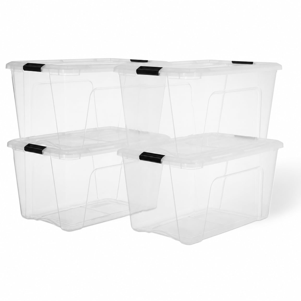 Iris Ohyama Boite Rangement Plastique avec Couvercle 45L Lot de 4 Transparent Clips de Fermeture Poignée Empilable Organisation Solide et Durable pour Chambre Dressing Bureau BSB-45