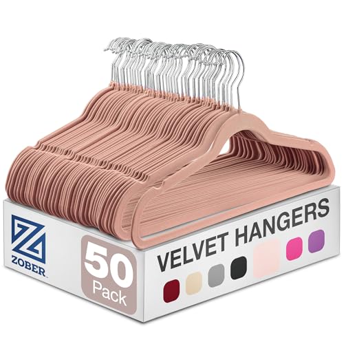 Image of ZOBER Blush Velvet Hangers 50 Pack - Clothes Hangers, Coat Hanger for Pants & Dress Clothes - Non Slip w / 360 Degree Swivel, Holds up to 10 lbs - Strong Felt Hanger for Clothing