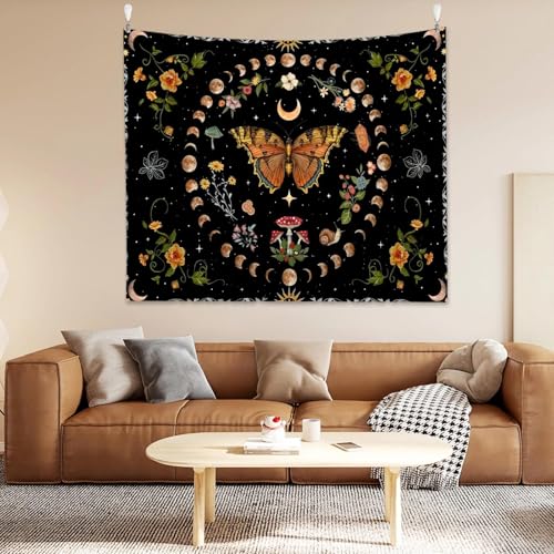 LINTRA Tapiz Decorativo Pared, 150 × 200 cm Tapiz-Pared, Tapiz Decoración de Pared con Luna de Mariposa Naranja, para Dormitorio, Estética, Dormitorio