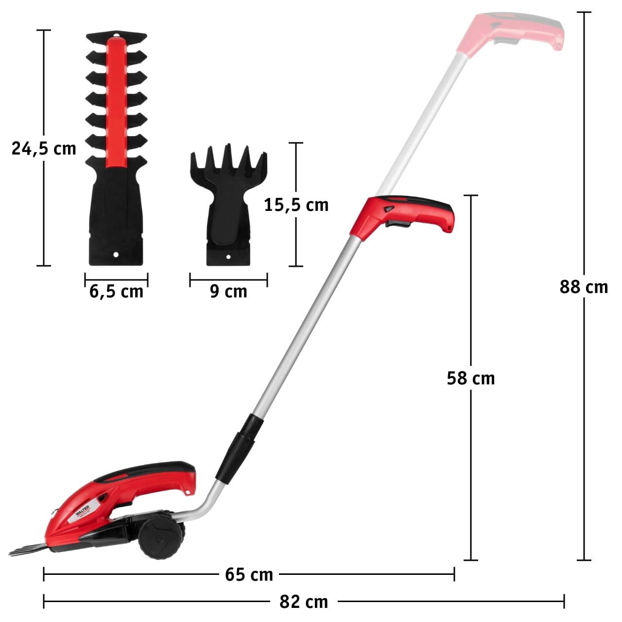 WALTER Akku-Gras- und Strauchschere 7,2 V Li-Ion - Flexibles 2-in-1 Gerät, LED-Ladestandsanzeige, Austauschbare Schnittmesser, Kabelloses Arbeiten, Einfache Handhabung, Inkl. Teleskopschlitten