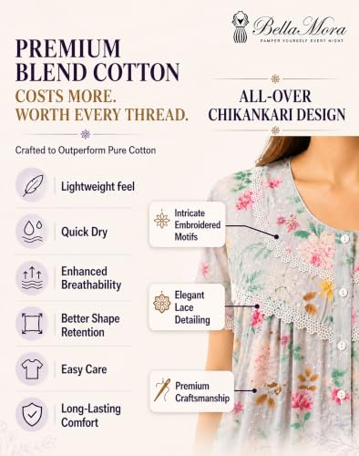 Image of Chikankari Nighty| Nighty for Women Stylish| Night Gown for Women Stylish| All-Over Chikankari Design| Premium Blend Cotton Fabric| Elegant Lace Yoke| Lightweight & Breathable Fabric|