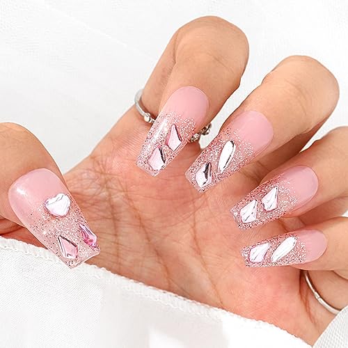 Sethexy Long Coffin Handmade Pink False Nails Rhinestone Glitter Fake Nails with Design Glossy Acrylic Salon Press On Nails for Women and Girls (D) - Image 3