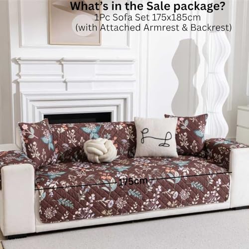 Image of HOMETHREADS Premium Style Anti Slip Sofa Cover Set | Cotton Sofa Slipcover | 1Pc Front Cover with Attached Armrest + 1Pc Back Cover (Dark Brown Flower, 3 Seater | 175x185cm)