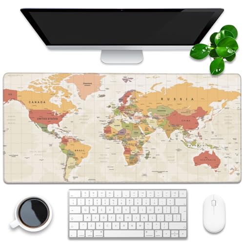 Grand Tapis de Souris de Jeu avec Base antidérapante et Bords Cousus, Motif Carte du Monde Vintage, Jaune, 89,9 x 40 cm, pour la Maison, Le Bureau, Le Travail