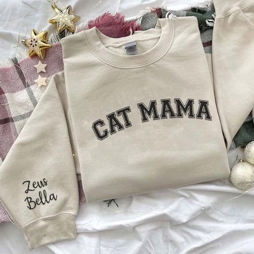 Custom Embroidered Sweatshirt, Personalized Cat Mom Crewneck for Women, Cat Mama Shirt Gifts4
