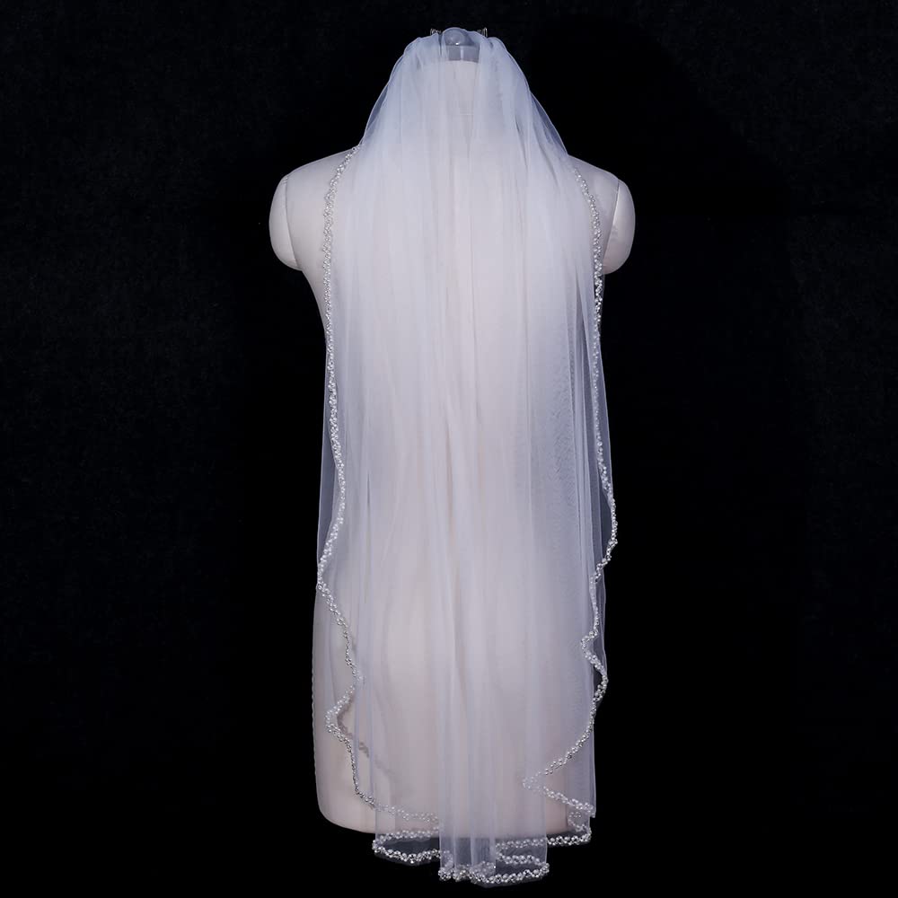 Ślub Ręcznie robione perły welon slubny z kryształkami krawędzi welony ślubne ślubne kryształowe zroszony welony ślubne dla panny młodej (Color : Ivory, Size : 300cm)