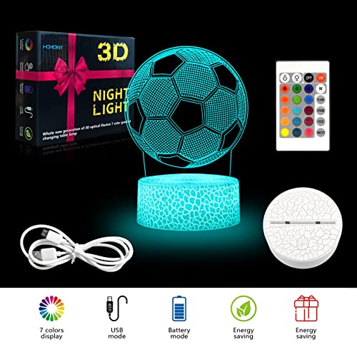 Image of i-CHONY Soccer Gifts Night Light for Kids,Soccer 3D Illusion Lamp 16 Colors Dimmable Bedroom Decor Bedside Lamp,with Remote & Smart Touch,Birthday Xmas Idea Gift for Boys Girls Kids