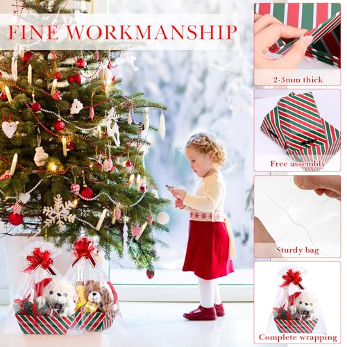 Image of Thenshop 44 Pcs Basket for Gifts Empty Gift Basket Bulk Include 12 Cardboard Tray 12 Plastic Bags and 20 Pull Bows for Christmas Fall Halloween Birthday Wedding Party DIY Wrapping(Stripe,Red, Green)