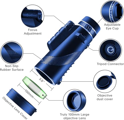 Image of Monocular-Telescope 80x100 High Powered Monoculars High Definition for Adults High Powered with Smartphone Adapter Telescope Hunting Wildlife Bird Watching Travel Camping Hiking-Blue