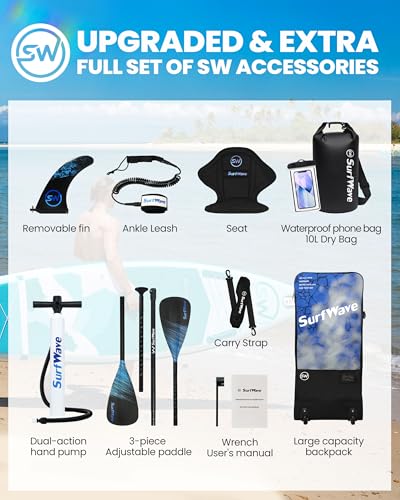 Inflatable Paddle Board, Extra Wide Stand Up Paddle Board, Sup Board with Removable Fin, Floating Paddle, Hand Pump, Waterproof Bag, Traveling Board
