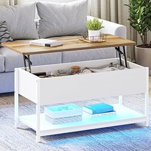 YITAHOME Couchtisch mit Höhenverstellbarer Platte Kaffeetisch Ausziehbarer, Versteckter Stauraum, Wohnzimmertisch Beistelltisch für Wohnzimmer, Büro, mit Steckdosenleiste und LED-Lichtleiste