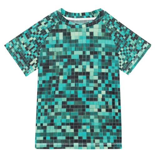 Kids Bathing Suit Short Sleeve Girls Rash Guard Top 9T Herringbone Houndstooth Checked Turquoise Green