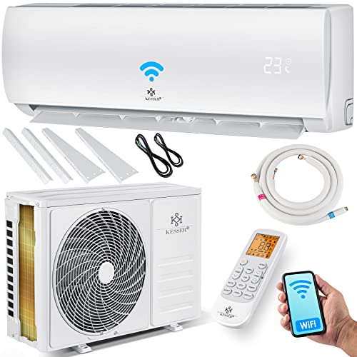 𝐒𝐄𝐓 𝐂𝐎𝐌𝐏𝐋𝐄𝐓𝐎: Condizionatore d'aria con cavo e set completo (connettività WiFi, modulo WiFi opzionale): unità interna ed esterna ECO Smart con rivestimento Golden-Fin. Pre-riempito con l'ultimo refrigerante - incluso 3m di tubi di rame + cavo, così come la staffa a muro con materiale di montaggio. Un telecomando con display LCD illuminato, composto sigillante per il passaggio a muro, nastro isolante, tubo di drenaggio e cavo di collegamento all'alimentazione