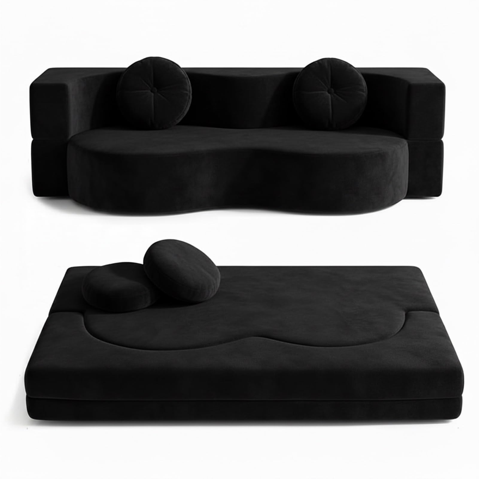 Divano Senza Osso, Divano-Letto Convertibile Per Sala, A Due Posti Compresso Spuma Ad Alta Densità, Tela Tessuta Rimuovibile, Nessun Assemblaggio, Con 2 Cuscini(Black,150x100CM)