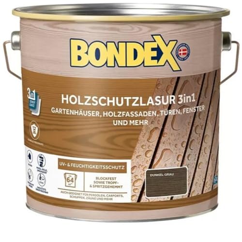 Bondex Holzschutzlaur 3in1, 4 L für 64 m² / Dunkelgrau / Wasserbasierende Lasur / Filmschutz, Grundierung und Endbeschichtung / Exzellenter UV- & Feuchtigkeitsschutz