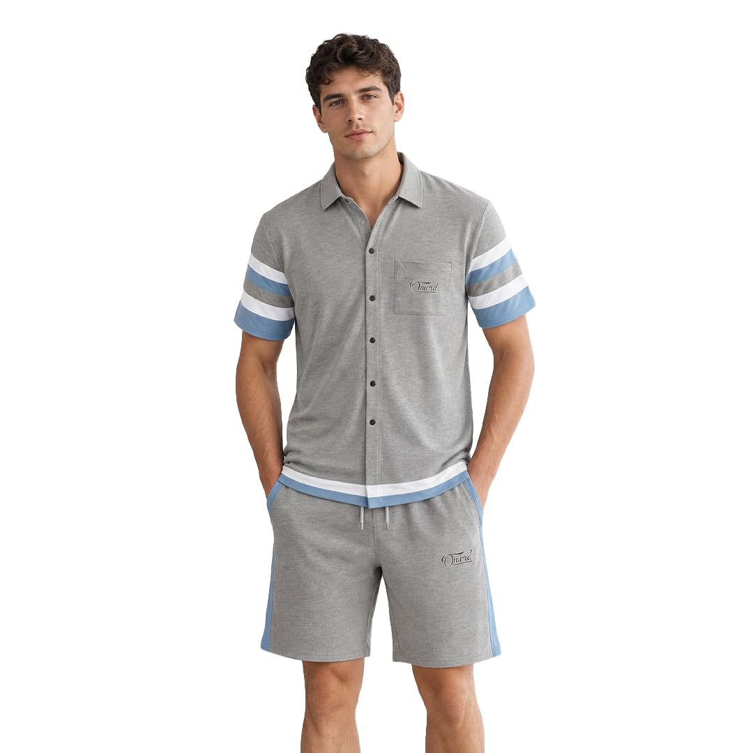 nobero Men Oversized Colorblock Shirt and Shorts Co-ord Set(1M-LWCS-R0469-GM7_Grey Melange_3XL)-picture-0