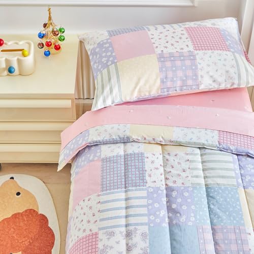 Image of Joyreap 4 Piece Cotton Toddler Bedding Set- Colorful Flowers Patchwork Design, Toddler Comforter Set for Girls, Includes Quilted Comforter, Fitted Sheet, Top Sheet, and Pillow Case