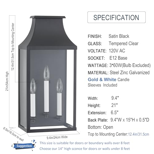 Image of 21 inchLarge Classic Outdoor Wall Lantern Light For House Exterior,Handcrafted Satin Black Metal Cage Mounted Pocket Wall Sconce W /Clear Tempered Glass,Waterproof for Porch, Patio, Garage&Front Door E12