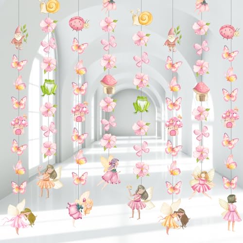 Fairy Birthday Party Decorations 8PCS Fairy Garlands Fairy Theme Party Supplies Butterfly Flower Mushroom Elf Hanging Cutout Garland Banner Streamer for Fairytale Garden Baby Shower Wall Ceiling Decor