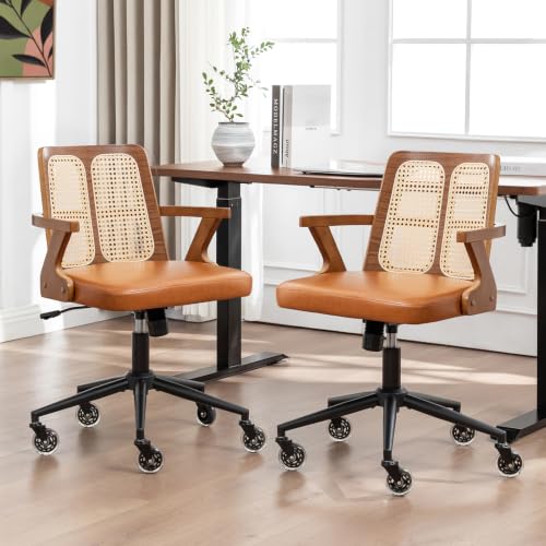 Image of Mid Century Modern Desk Chair, Faux Leather Office Chair with Rattan Back