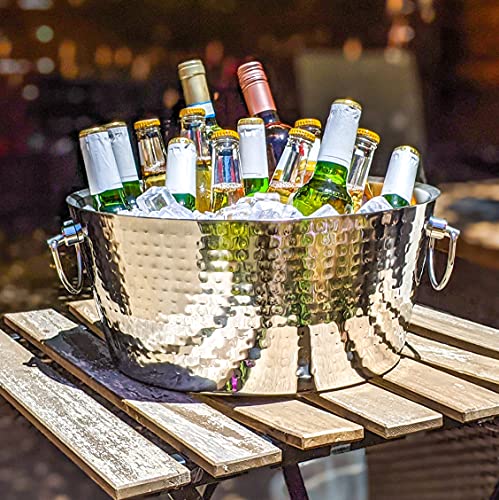 Brekx Hammered Stainless-Steel Beverage Tub, Double-Walled Insulated Anchored Drink Tub & Ice Bucket With Double Hinged Handles, Drink Chiller For Parties, 12 Quarts #TOP7