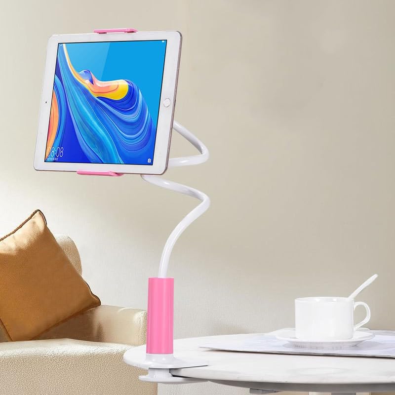 360° Spiral Base Gooseneck Tablet Phone Holder – Adjustable 30" Flexible Arm Stand Clamp for Bed or Desk, Fits iPhone, iPad Air/Mini, Galaxy Tabs, Kindle Fire, Switch (4.7–11", Universal Pink)