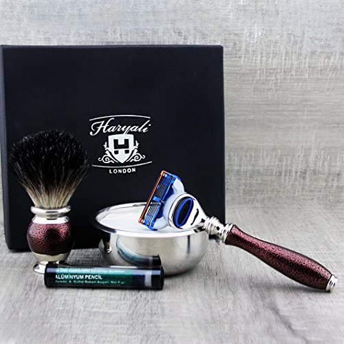 Vintage inspiriertes 4-teiliges Rasierset - Reine Dachshaarrasierpinsel 5-Kantenrasierer Edelstahl Rasierschale und Haryali London Premium-Seife